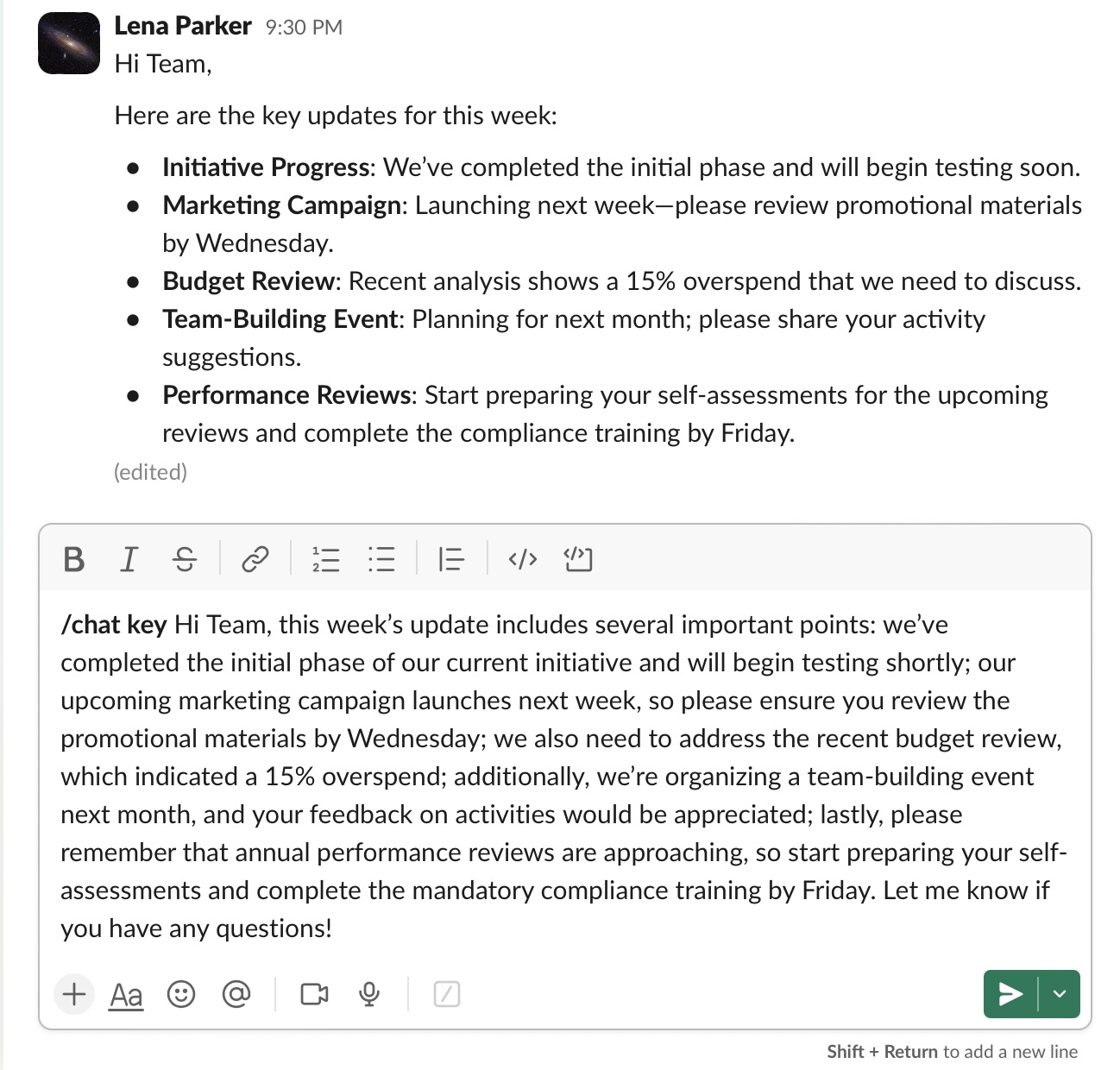 Chatizard AI improved Key points message